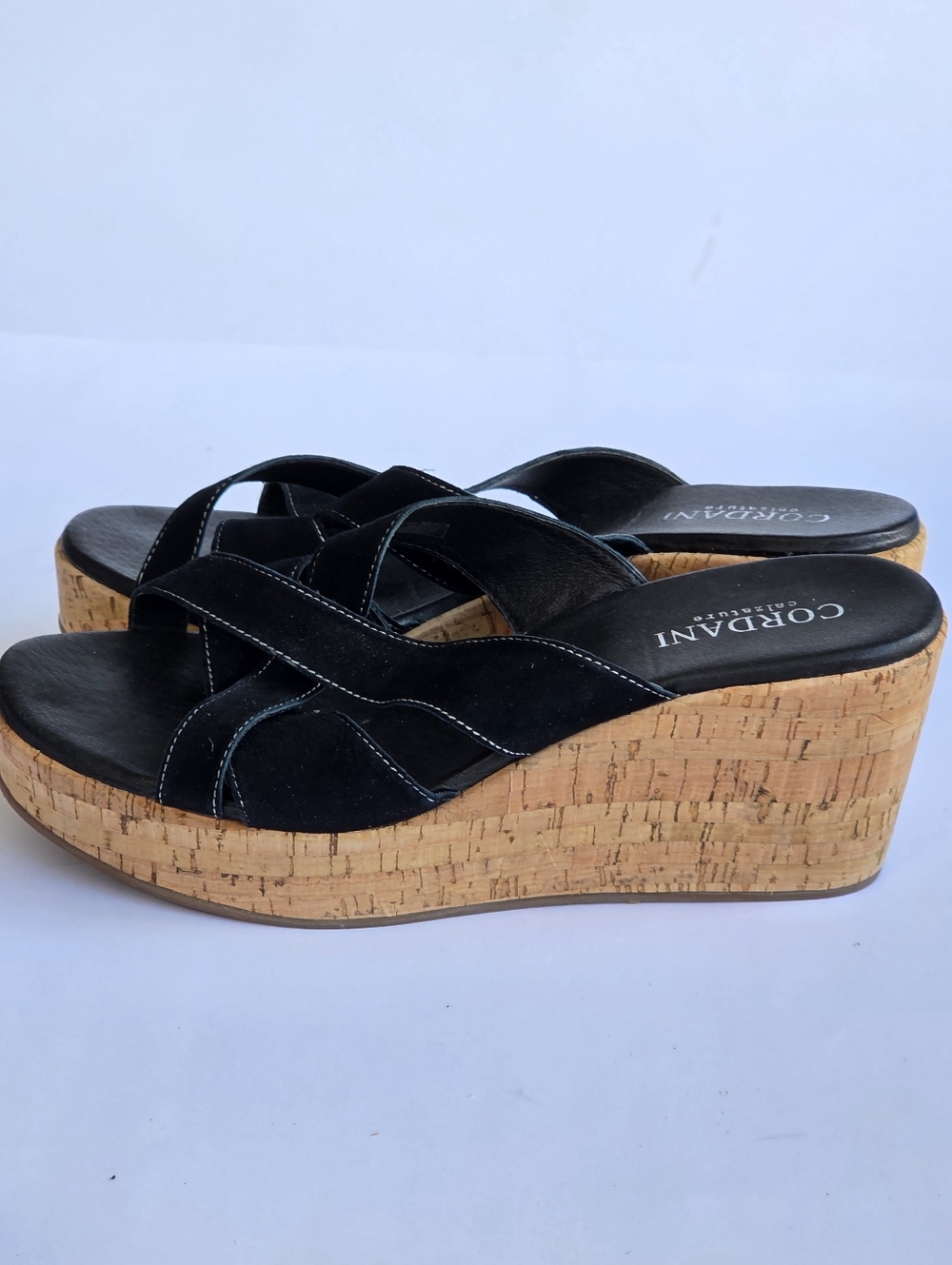 NEW Cordani Devon Black Suede Cork Platform Wedge Sandals - Size 9.5 /10